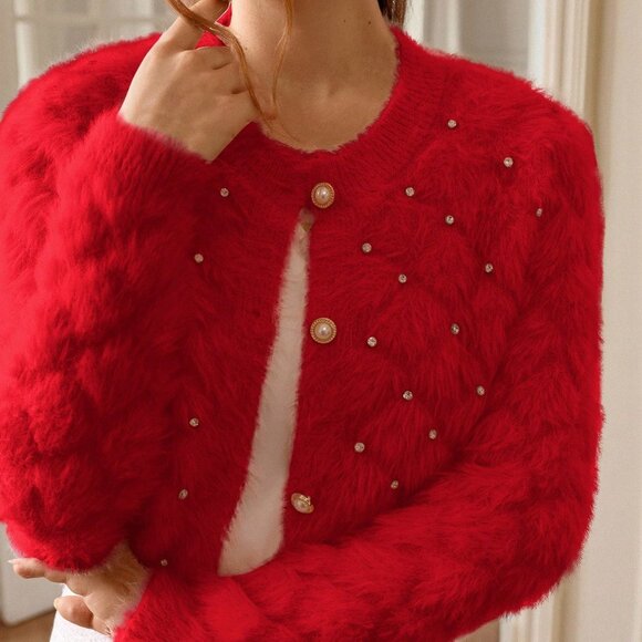 Red Casual Women's V-Neck Studded Fuzzy soft Cardigan Sweater - Picture 1 of 7